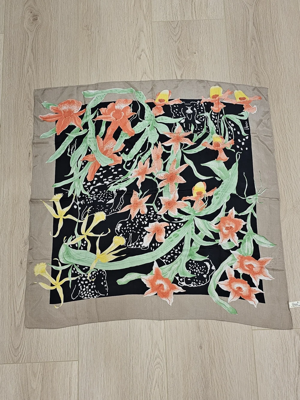Vintage Vera Neumann Silk Scarf Orchid Floral Japan 31in Square Black Taupe